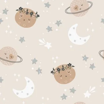 Cute seamless childish simple pattern for kids with cute moons and stars in Illustrazione stock