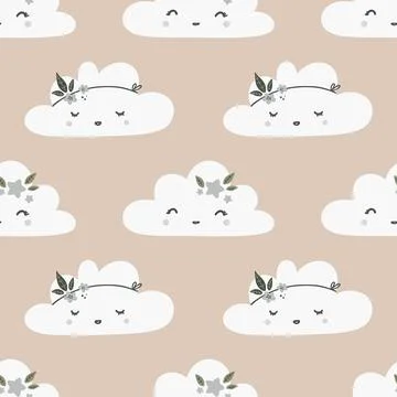 Cute seamless childish simple pattern for kids with cute clouds and stars in Stock Illustration