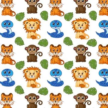 Cute seamless children colorful pattern with animals. Cartoon cute animals Stock Illustration