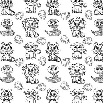 Cute seamless children pattern with animals. Coloring page for kids and adult Stock Illustration