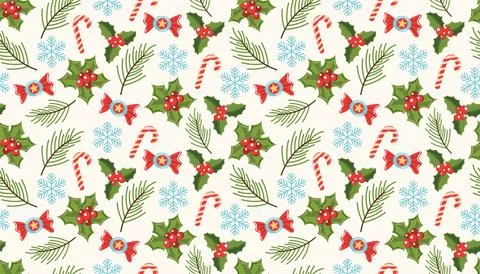 Cute seamless Christmas pattern with berries, fir branches, sweets, and sno.. 스톡 일러스트