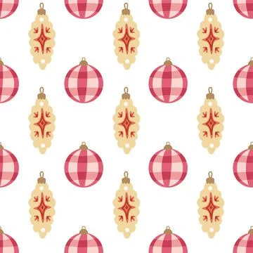 Cute seamless christmas pattern with red and beige ornaments and baubles Stock Illustration