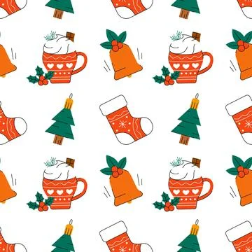 Cute seamless Christmas vector pattern. Hand drawn mugs of hot chocolate Stock Illustration