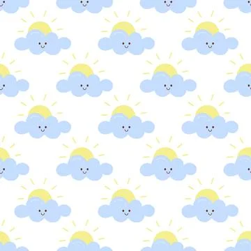 Cute Seamless Cloud and Sun Pattern Hand Drawn Illustration Stock Illustration