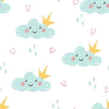 Cute seamless cloud pattern with crown and hearts Stock Illustration