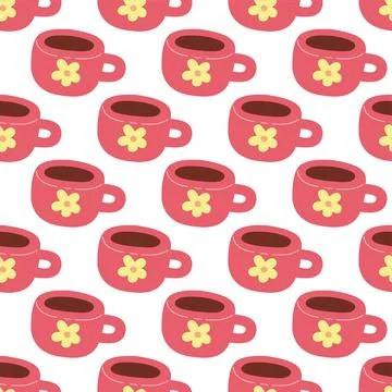 Cute Seamless Coffee Cup Pattern Hand Drawn Illustration Stock Illustration