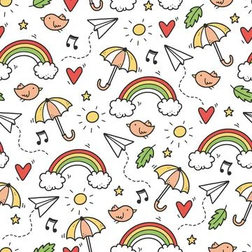 Cute seamless doodle pattern with cloud, rainbow Stock Illustration