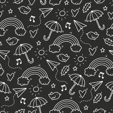 Cute seamless doodle pattern with cloud, rainbow Stock Illustration