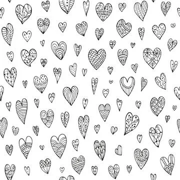 Cute seamless doodle pattern with different hearts. Illustrazione stock