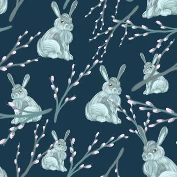 Cute seamless Easter pattern with bunnies and willow. Hand drawn background. 스톡 일러스트