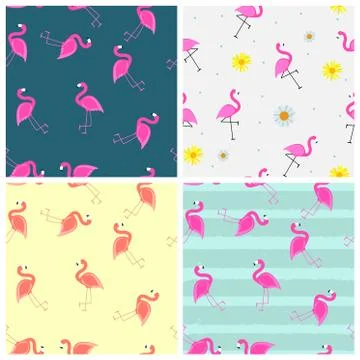 Cute Seamless Flamingo Pattern Collection Set Vector Illustration Illustrazione stock