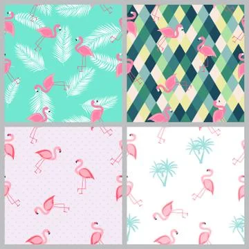 Cute Seamless Flamingo Pattern Collection Set Vector Illustration 스톡 일러스트
