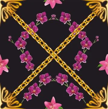 Cute seamless floral pattern on black background. Golden chain, luxury design Stock Illustration