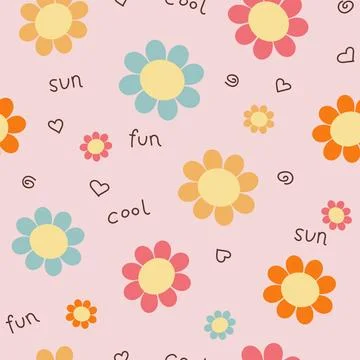 Cute seamless floral pattern in flat style with words. All over print for Stock Illustration