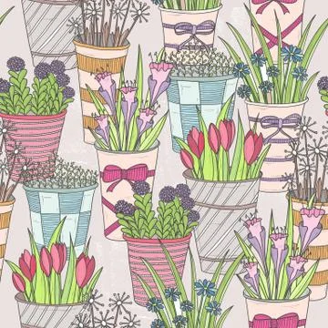 Cute seamless floral pattern. pattern with flowers in buckets. 스톡 일러스트