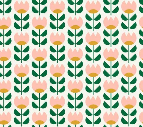 Cute seamless floral pattern of pink tulips in scandinavian style. Nordic folk Illustrazione stock