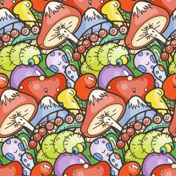 Cute seamless forest pattern with mushrooms. Nice for prints, design, colorin Illustrazione stock