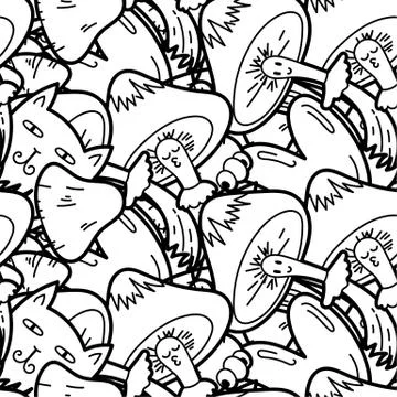 Cute seamless forest pattern with mushrooms. Nice for prints, design, colorin Stock Illustration