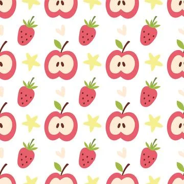 Cute Seamless Fruit Pattern with Apple and Strawberry in Flat Style Stock Illustration