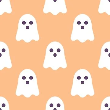 Cute seamless halloween ghost pattern on orange background. Stock Illustration