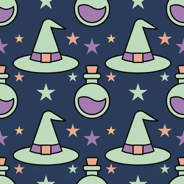 Cute seamless halloween pattern with witch hat and magic potion. Stock Illustration