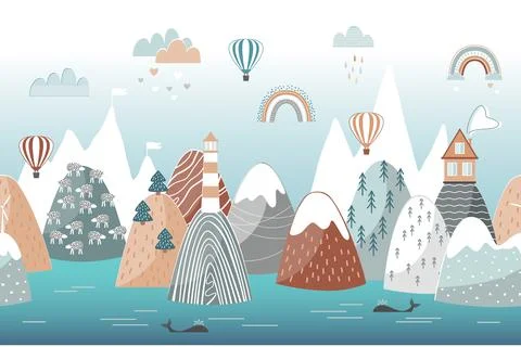 Cute seamless landscape pattern with sea waves, mountains, lighthouse, clouds Illustrazione stock