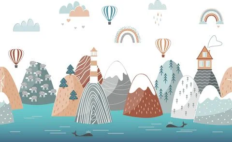 Cute seamless landscape pattern with sea waves, mountains, lighthouse, clouds Stock Illustration