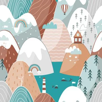Cute seamless landscape pattern with sea, mountains, lighthouse, house, and 스톡 일러스트