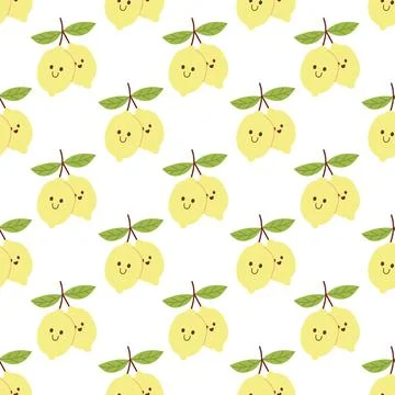 Cute Seamless Lemon Pattern with Smiling Faces in Flat Style Stock Illustration