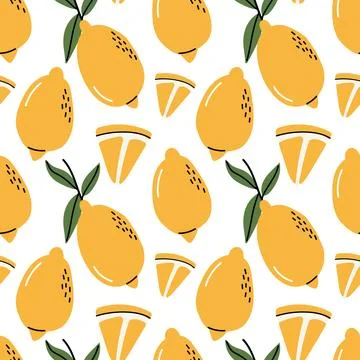 Cute Seamless Lemon Pattern with Whole Fruits Slices and Leaves 库存插图