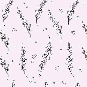 Cute seamless line art pattern with herbal elements. Doodle, black and white Illustrazione stock
