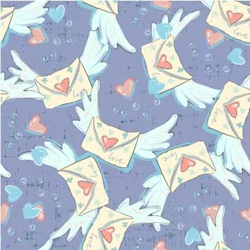 Cute seamless love pattern with letters, envelopes, mail, wind and heart post Stock Illustration