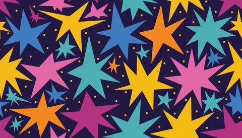 Cute seamless magic pattern with bright stars and dots on a dark blue backgro 스톡 일러스트