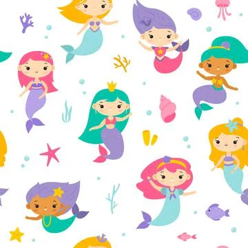 Cute seamless mermaids pattern. Funny little underwater princesses with fishes 스톡 일러스트