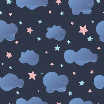 Cute seamless night sky pattern with cartoon clouds. Vector illustration イラスト素材