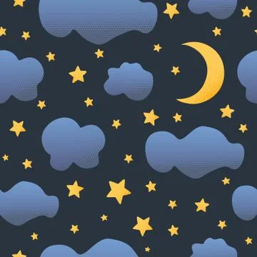 Cute seamless night sky pattern with cartoon clouds. Vector illustration イラスト素材