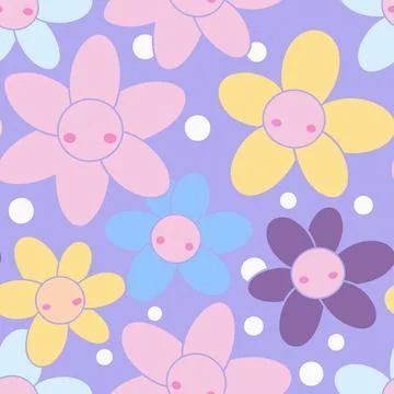 Cute, Seamless Pastel Flower Pattern with Whimsical Smiling Faces Stock Illustration