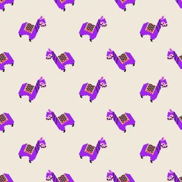 Cute seamless pattern with 8 bit pixel bright pink, lilac or purple fluffy llama Stock Illustration