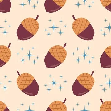 Cute seamless pattern with acorns and blue stars on pastel beige background.. Stock Illustration