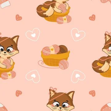 Cute seamless pattern with adorable cat characters and knitting supplies Stock Illustration