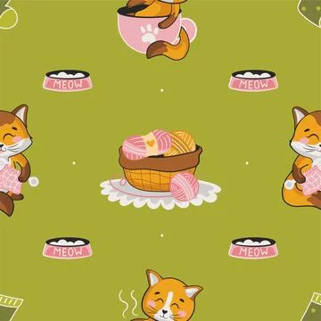 Cute seamless pattern with adorable cat characters knitting and balls of yarn Ilustración de archivo