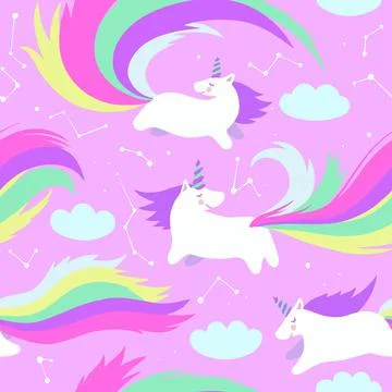 Cute seamless pattern with adorable little unicorns in the pink sky with stars Illustrazione stock