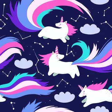 Cute seamless pattern with adorable little unicorns in the night sky with stars Illustrazione stock
