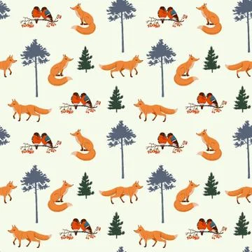 Cute seamless pattern with animals and Christmas trees. Stock Illustration