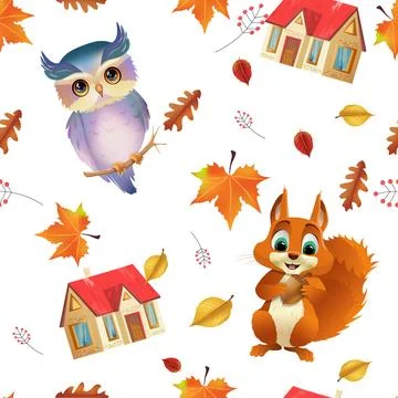 Cute seamless pattern with animals and house. Repeating image with cartoon .. Stock Illustration