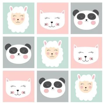Cute seamless pattern with animals panda, cat and sheep for kids, child backg Stock Illustration