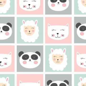 Cute seamless pattern with animals panda, cat and sheep for kids, child backg Stock Illustration