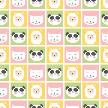 Cute seamless pattern with animals panda, cat and sheep for kids, child backg Stock Illustration