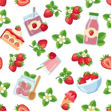 Cute Seamless Pattern with Assorted Strawberry Desserts, Cakes, Yogurts and.. Illustration