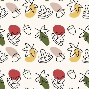 Cute seamless pattern with autumn fall outline leaves and abstract spots in b Stock Illustration